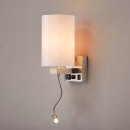 1-Light, Acrylic Shade Indoor Wall Sconce Light with 1 Switch, 1usb & 1outlet, Brushed Nickel Finish, Bedside Wall Lights w/ 1W LED Reading Lamp, for Bedroom Living Room Hotels 1-Light, Acrylic Shade Indoor Wall Sconce Light with 1 Switch, 1usb & 1outlet, Brushed Nickel Finish, Bedside Wall Lights w/ 1W LED Reading Lamp, for Bedroom Living Room Hotels