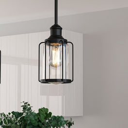 1-Light Birdcage Shape Pendant Light, Matte Black Finish, Clear Glass Shade, E26 Base, UL Listed 1-Light Birdcage Shape Pendant Light, Matte Black Finish, Clear Glass Shade, E26 Base, UL Listed