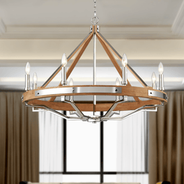 8-Light Farmhouse Chandelier Diam 34'', E12 Base, Polished Nickel Finish Hardware with Nature Solid Ashwood 8-Light Farmhouse Chandelier Diam 34'', E12 Base, Polished Nickel Finish Hardware with Nature Solid Ashwood