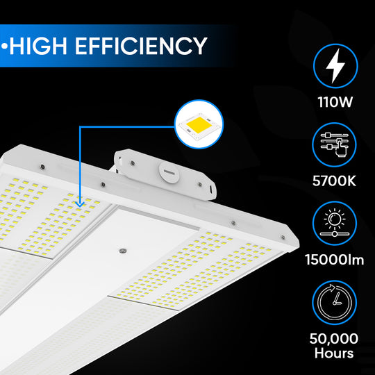 2FT LED Linear High Bay Shop Light: 110W, 5700K, 15000LM, 120-277VAC, 0-10V Dimmable, UL DLC Listed - Perfect for Warehouses and Workshops