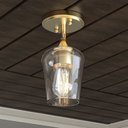Brass Gold Semi-Flush Mount Light with Bell Shape Clear Glass Shade, E26 Base, Damp Location, Ceiling Mounting, UL Listed Brass Gold Semi-Flush Mount Light with Bell Shape Clear Glass Shade, E26 Base, Damp Location, Ceiling Mounting, UL Listed