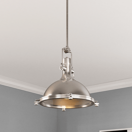 Industrial Pendant Light Fixture, Satin Nickel Finish, Dome Shape, Includes Extension Rods 1x6 Industrial Pendant Light Fixture, Satin Nickel Finish, Dome Shape, Includes Extension Rods 1x6