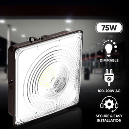 LED Canopy Light 75W 5700K Daylight 9750LM IP65 Waterproof 0-10V Dim 120-277VAC Surface or Pendant Mount, for Gas Stations Outdoor Area Light, Black LED Canopy Light 75W 5700K Daylight 9750LM IP65 Waterproof 0-10V Dim 120-277VAC Surface or Pendant Mount, for Gas Stations Outdoor Area Light, Black