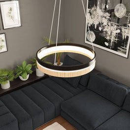 Round Chandelier, Matte Black + Wood Finish, 33W, 3000K (Warm White), 961 Lumens, Dimmable Pendant Round Chandelier, Matte Black + Wood Finish, 33W, 3000K (Warm White), 961 Lumens, Dimmable Pendant