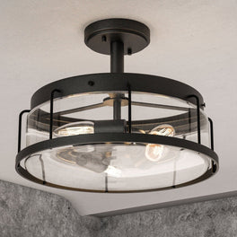 Semi Flush Mount Ceiling Lights, Drum Shape, Matte Black Finish with Clear Glass Shade, E26 Base, UL Listed, Hallway Light Fixtures Semi Flush Mount Ceiling Lights, Drum Shape, Matte Black Finish with Clear Glass Shade, E26 Base, UL Listed, Hallway Light Fixtures