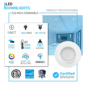 Adjustable Eyeball White LED Recessed Ceiling Light Fixture Trim: 5 in. and 6 in., 15W, 1060LM, Dimmable, Energy Star & ETL Listed