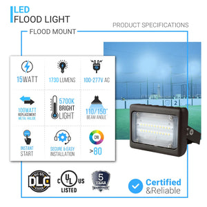 15 watt LED Flood Light, 5700K, 1730LM, Bronze, 55 Watt Replacement, UL Listed, Waterproof, Security Lights