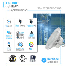 Load image into Gallery viewer, UFO LED High Bay Light: 150W, 5700K Daylight White, 21750LM, UL and DLC Listed, AC100-277V, 1-10V Dimmable, White Finish - Perfect for Warehouse, Barn, Airport, Workshop, Garage, and Factory Lighting