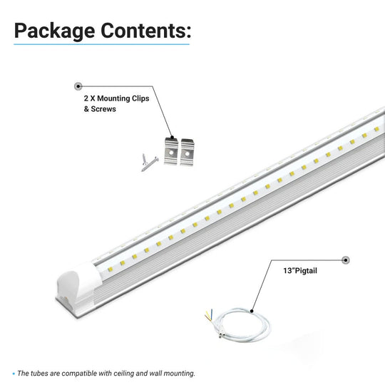 T8 8ft, 60 Watt V Shape LED Integrated Tube 6500K Clear, 210W Equivalent, 7200 Lumens, 100-277V, Plug and Play, Commercial LED Lighting