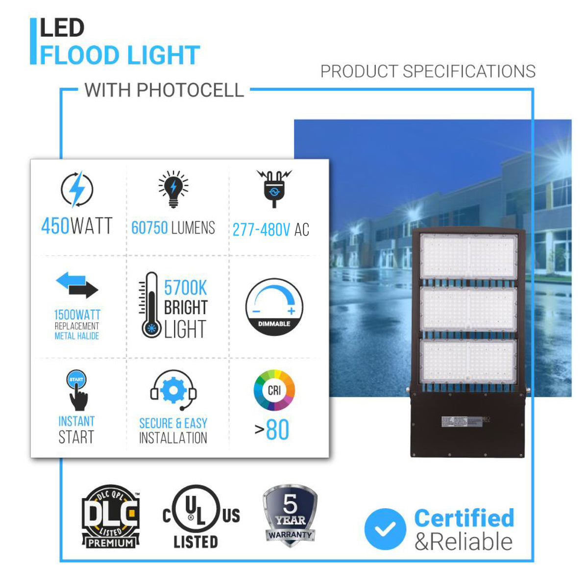 LED Flood Light With Photocell, 450W, 5700K, 60750 LM, AC277-480V, Bro –  LEDMyplace Canada