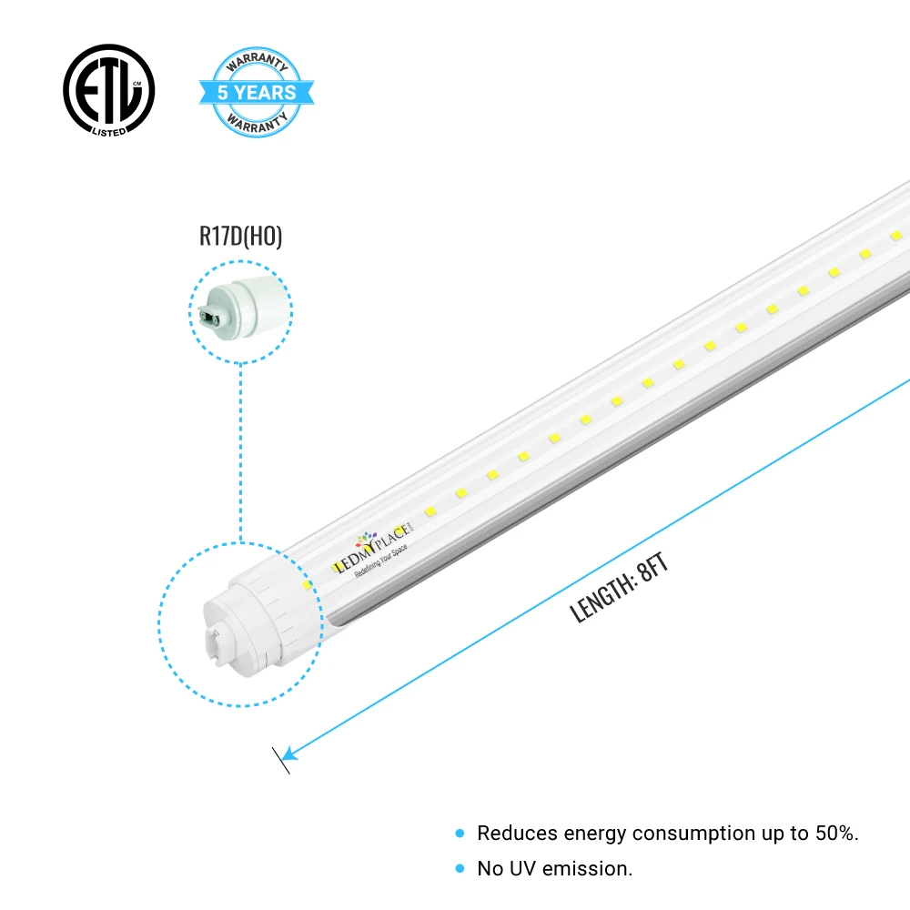 T8 8ft LED Tube Bulb 48W 6720 Lumens 5000K Clear R17D Base