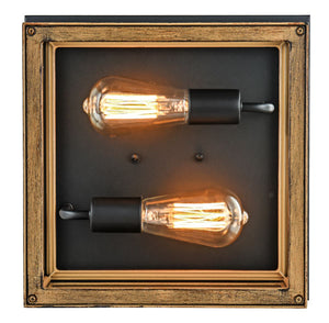 2-Light Wood Frame Flush Mount Ceiling Light with Black Sockets