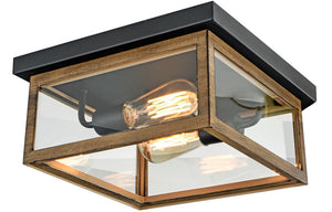 2-Light Wood Frame Flush Mount Ceiling Light with Black Sockets