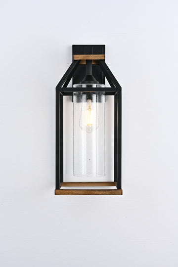 20-in Black and Wood Outdoor Farmhouse Wall Lantern, 1-Light Wall Lamp Sconce, Clear Seeded Glass