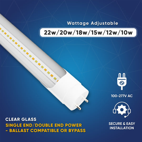 Hybrid T8 4ft LED Tube/Bulb - 22w/18w/15w/12w Wattage Adjustable, 130lm/w, 3000k/4000k/5000k/6500k CCT Changeable, Clear, Base G13, Single End/Double End Power - Ballast Compatible or Bypass