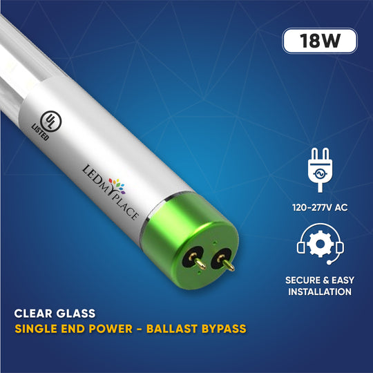 T8 4ft LED Glass Tube Light, 18W, 4000K, Single-Ended Power, Clear