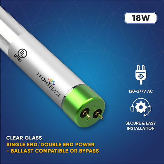 Hybrid T8 4ft LED Tube/Bulb - Glass 18W 2400 Lumens 6500K Clear, Single End/Double End Power, Fluorescent Replacement- Ballast Compatible or Bypass (Check Compatibility List)