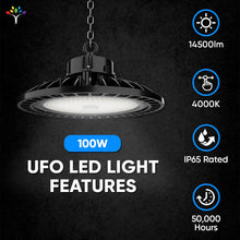 Load image into Gallery viewer, 100W UFO High Bay LED Shop Lights 4000K, 1 - 10V Dimmable, AC120 - 277V, UL, DLC Listed, Commercial Warehouse Workshop Garage Factory Lighting Fixture - LEDMyPlace