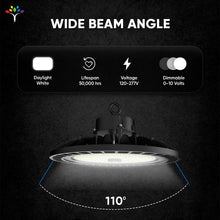 Load image into Gallery viewer, 100W UFO High Bay LED Shop Lights 4000K, 1 - 10V Dimmable, AC120 - 277V, UL, DLC Listed, Commercial Warehouse Workshop Garage Factory Lighting Fixture - LEDMyPlace