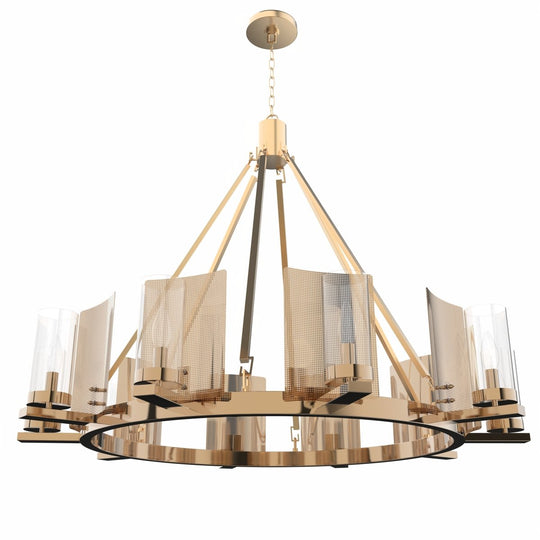 12 - Light Ring Chandelier Ceiling Light in Brass Finish with Clear Glass, Diam 50" Height 39", 120V, Bulb Type B10, Socket Type E12, Max wattage Per Socket 60W - LEDMyPlace