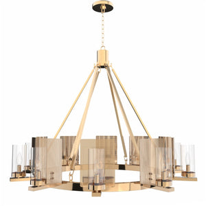 12 - Light Ring Chandelier Ceiling Light in Brass Finish with Clear Glass, Diam 50" Height 39", 120V, Bulb Type B10, Socket Type E12, Max wattage Per Socket 60W - LEDMyPlace