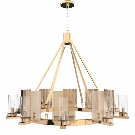 12 - Light Ring Chandelier Ceiling Light in Brass Finish with Clear Glass, Diam 50" Height 39", 120V, Bulb Type B10, Socket Type E12, Max wattage Per Socket 60W - LEDMyPlace