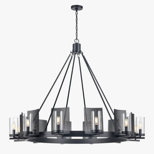 12 - Light Ring Chandelier Ceiling Light in Matte Black Finish with Clear Glass, Diam 50" Height 39", 120V, Bulb Type B10, Socket Type E12, Max wattage Per Socket 60W - LEDMyPlace