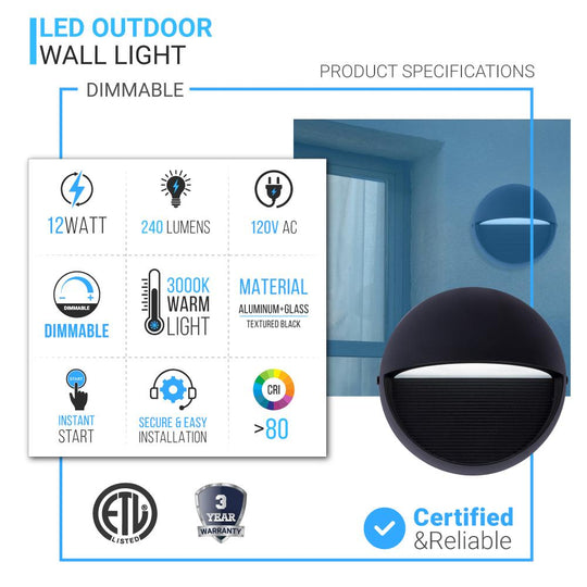12W, Decorative LED Outdoor Wall Sconce, Half Round, Dimmable, ETL Listed, Frosted Glass Shade, Wet Location, 3000K/5000K, Deck Rail Lighting, Black - LEDMyPlace