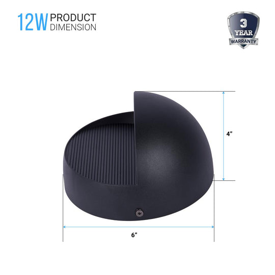 12W, Decorative LED Outdoor Wall Sconce, Half Round, Dimmable, ETL Listed, Frosted Glass Shade, Wet Location, 3000K/5000K, Deck Rail Lighting, Black - LEDMyPlace