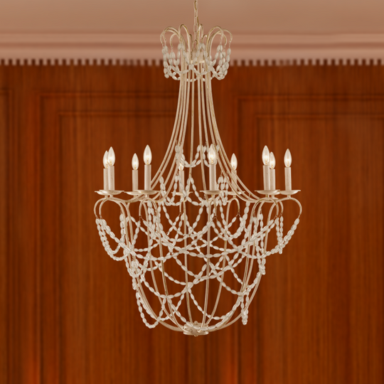 10-Light Traditional Beaded Candle Chandelier Wash Wood Finish with Blue Crystal ,E12 Base