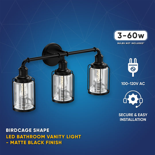 Birdcage Shape Vanity Light Fixture, Matte Black with Clear Glass Shade, E26 Base, For Damp Locations