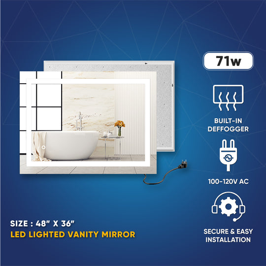 LED Illuminated Bathroom Mirror with Touch Switch Control, Defogger, CCT Remembrance, Backlit/Front, Accord Style, ETL Certified