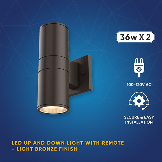 LED Outdoor Up & Down Lights With Remote, RGBW, Cylinder, 36WX2, AC100-277V, IP65, ETL CE RoHS Approval, Outdoor Wall Lights