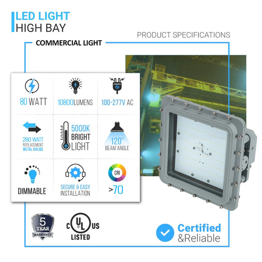 LED Explosion Proof Light, D Series, 5000K, Dimmable, 100-277V, 120° beam angle, 70CRI, 80W