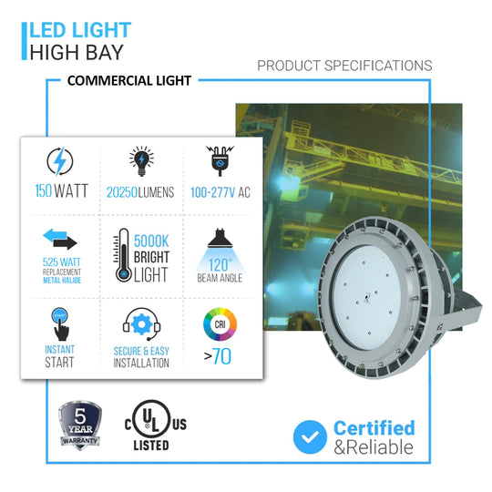 150 Watt LED Explosion Proof Round High Bay Light, C Series, Non Dimmable, 5000K, 20250LM, AC100-277V, IP66, Hazardous Location Lighting Fixtures