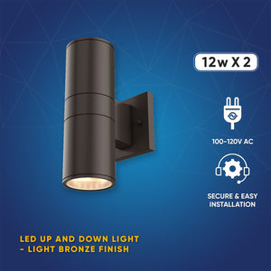 LED Wall Light Fixture - Cylinder / Wall Lights, 12WX2, AC100- 277V, Double Side, Light Bronze