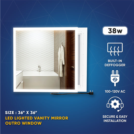 LED Lighted Bathroom Mirror 36" x 36" Inch, On/Off Touch Switch, CCT Changeable With Remembrance, Defogger, Window Style