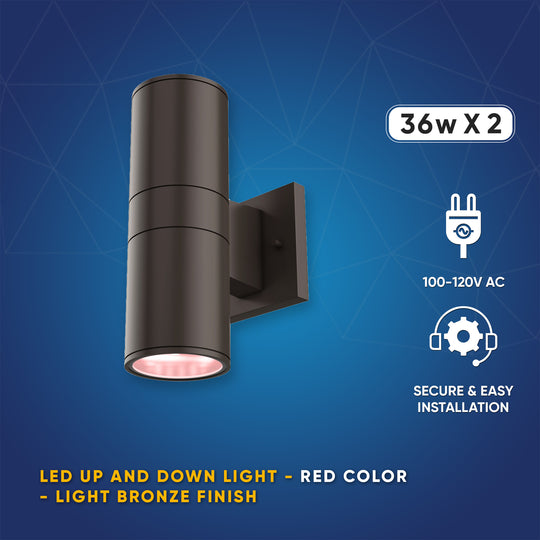 Cylinder LED Up/Downlight Wall Sconce, 2x36W, AC100- 277V, Up & Down Light, Double Side (Red, Green, Blue)