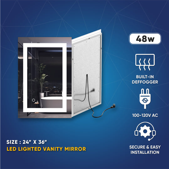 LED Illuminated Bathroom Mirror with Touch Switch Control, Defogger, CCT Remembrance, Backlit/Front, Accord Style, ETL Certified