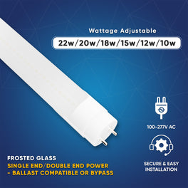 Hybrid T8 4ft LED Tube/Bulb - 22w/18w/15w/12w Wattage Adjustable, 130lm/w, 3000k/4000k/5000k/6500k CCT Changeable, Frosted, Base G13, Single End/Double End Power - Ballast Compatible or Bypass