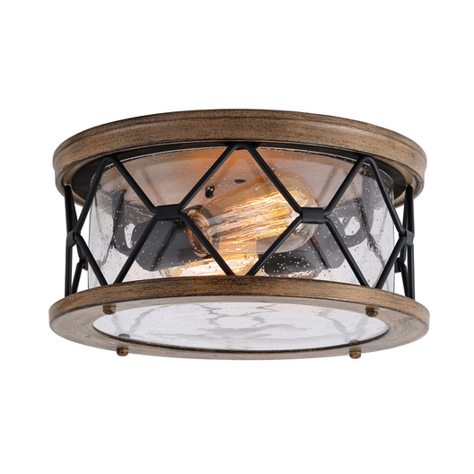 2-Light Flush Mount Ceiling Light,  E26 Base, 2X60W, - Modern Industrial Ceiling Light Fixture for Kitchen Hallway Bedroom, Matt Black+Wood Finish with Seeded Glass Cover