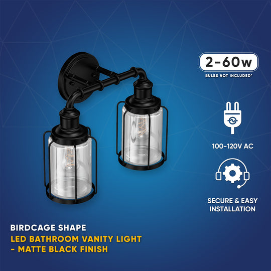 Birdcage Shape Vanity Light Fixture, Matte Black with Clear Glass Shade, E26 Base, For Damp Locations