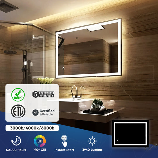 LED Illuminated Bathroom Mirror with Touch Switch Control, Defogger, CCT Remembrance, Backlit/Front, Accord Style, ETL Certified