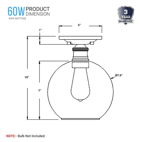 Clear Glass Dome Shape Flush Mount Light, Brushed Nickel Finish, E26 Base, Ceiling Mounting, UL Listed for Damp Location