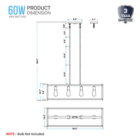 4-Lights Linear Chandelier Light, Open Frame Rectangle Chandeliers For Damp Location, E26 Base, UL Listed, 3 Years Warranty