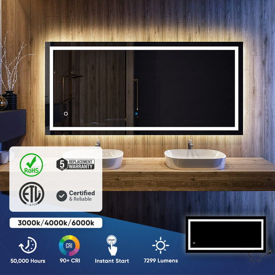 LED Illuminated Bathroom Mirror with Touch Switch Control, Defogger, CCT Remembrance, Backlit/Front, Accord Style, ETL Certified