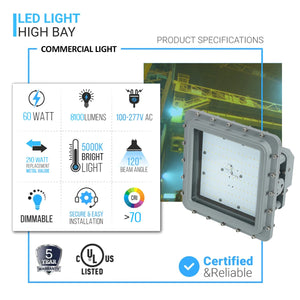 LED Explosion Proof Light, D Series, 5000K, Dimmable, 100-277V, 120° beam angle, 70CRI, 60W