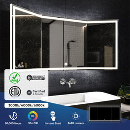 LED Backlit Mirror with Thin Plexiglass Edge, 55.1 X 25.6 Inch, Touch Sensor Switch, Defogger, CCT Remembrance, Titan Style