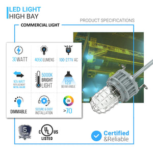 LED Explosion Proof Light, G Series, 5000K, LM4050, Dimmable, 100-277V, 120° beam angle, 70CRI 30W