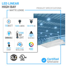 Load image into Gallery viewer, 2FT LED Linear High Bay Shop Light, 110W, 5700K, 15000LM, 120 - 277VAC, 0 - 10V Dim, UL DLC Listed, Linear Hanging Light for Warehouse Workshops - 2 Pack - LEDMyPlace
